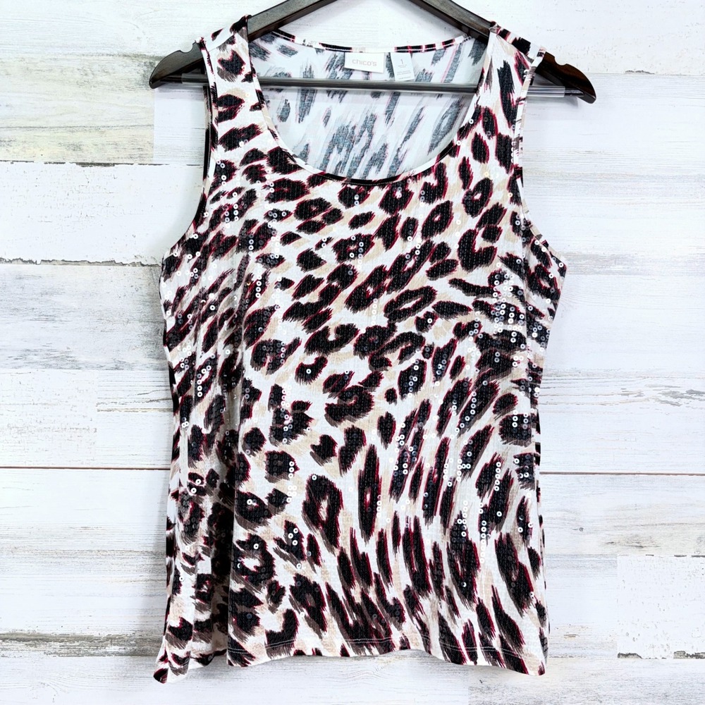 Chicos Womens Tank Top Cheetah Animal Print Sequins‎ Sparkle Top Size 1/US 8